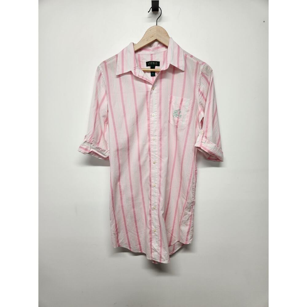 Lauren Ralph Lauren Women's Button Down Night Gown, Sm, White/Pink/Green Stripes